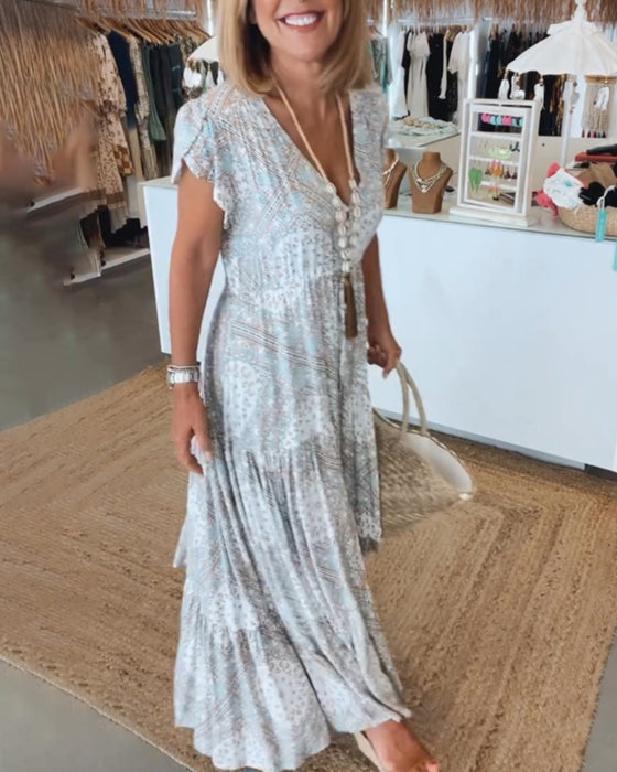 V-hals kjole med delte ermer med ferietrykk