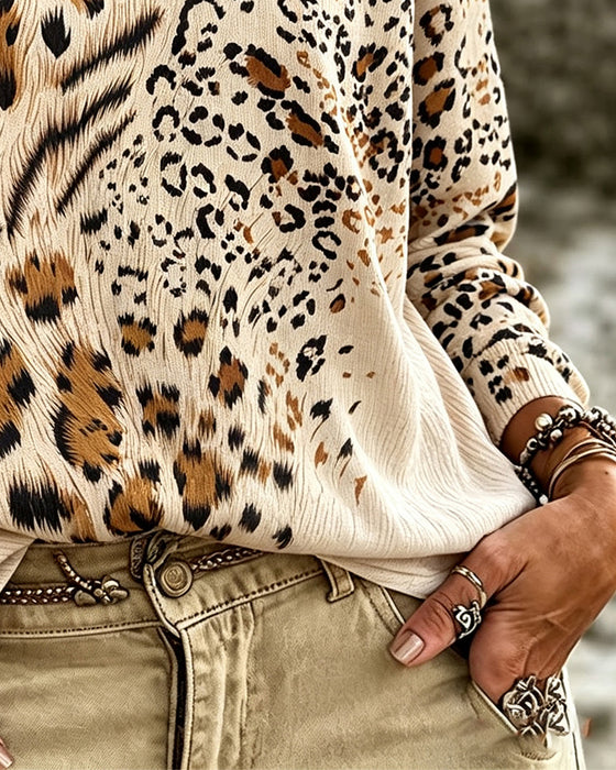 Bluse Rundhalset Leopard Lang Erme