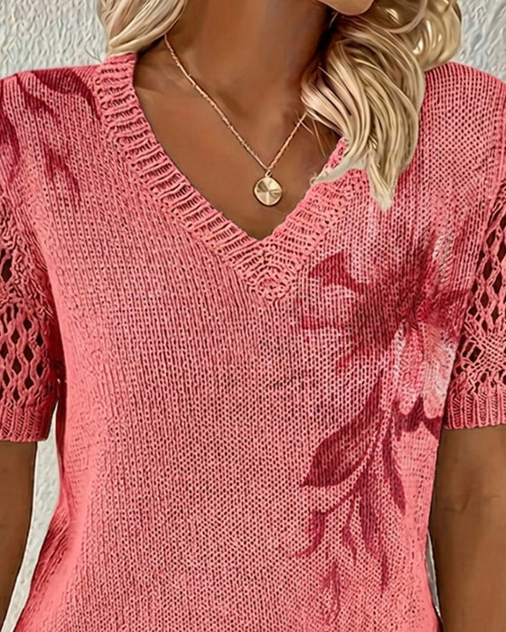 Pullover V-Hals Strikket Blomstret