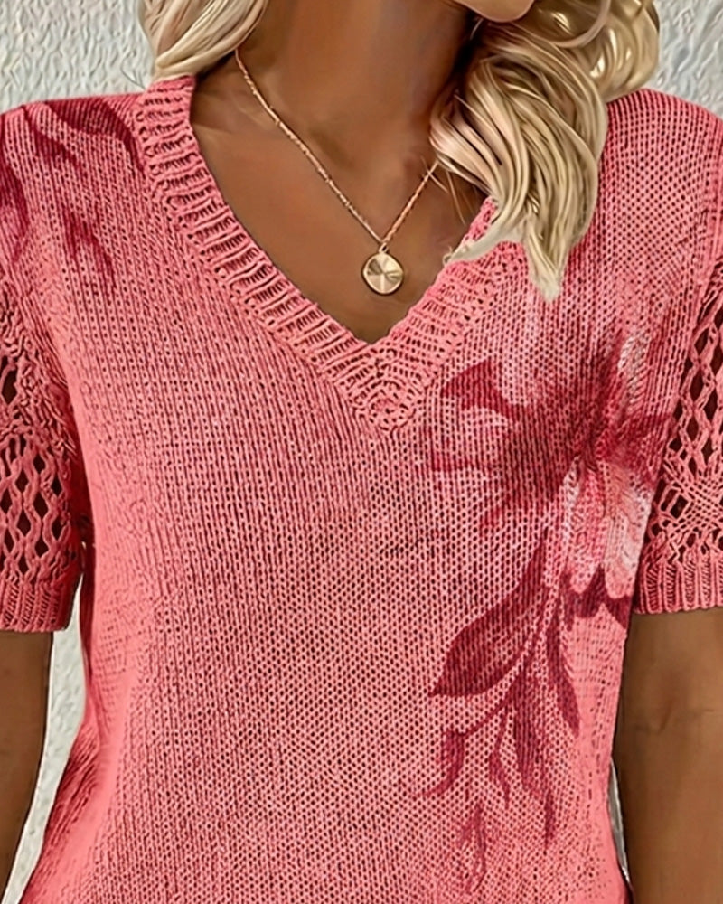 Pullover V-Hals Strikket Blomstret