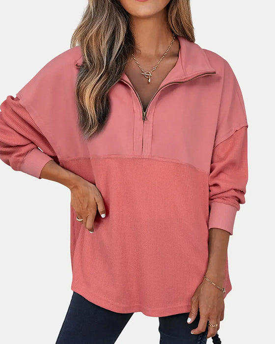 Sweatshirt Halv Glidelås Vaffel Patchwork