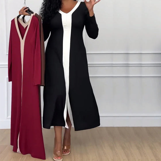 V-hals elegant kjole i kontrastfarge