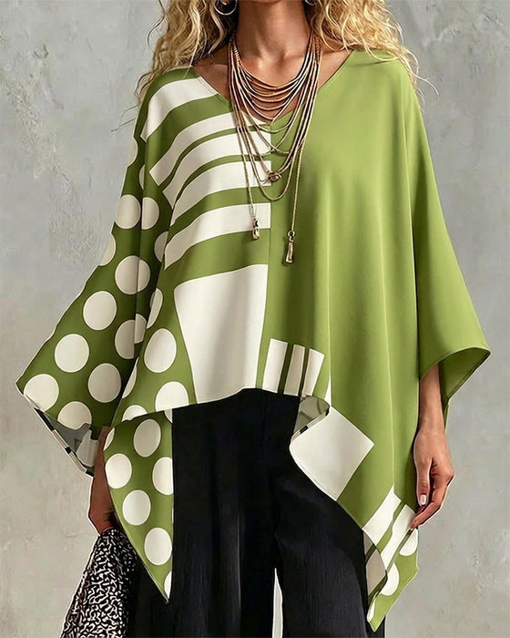 Bluse Polka Dot Stripe Patchwork V Hals