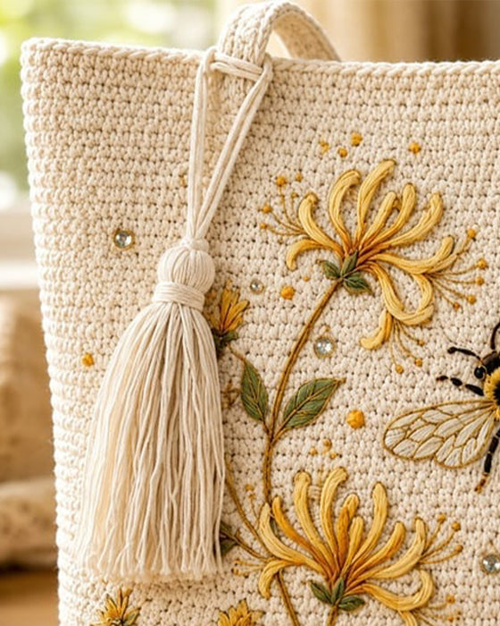 Veske Håndlaget Heklet Bi Brodert Tote