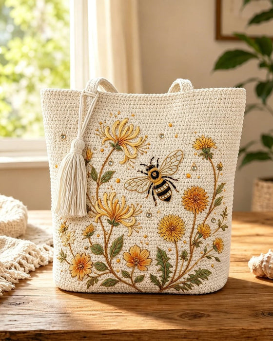 Veske Håndlaget Heklet Bi Brodert Tote