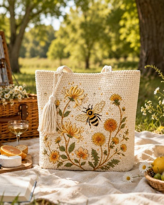 Veske Håndlaget Heklet Bi Brodert Tote