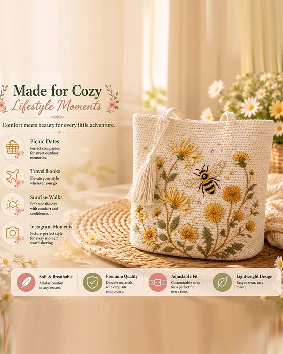 Veske Håndlaget Heklet Bi Brodert Tote