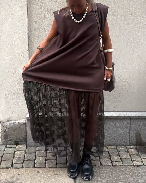 Ermeløs Mesh Patchwork Kjole