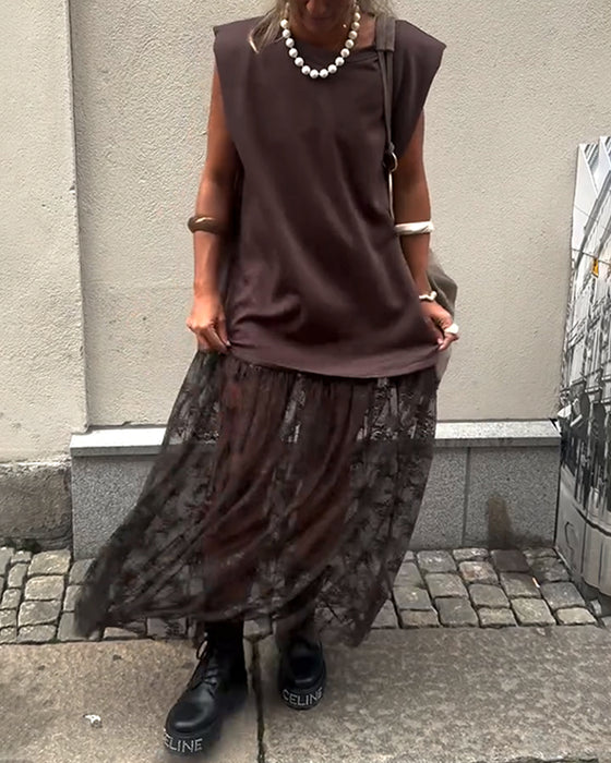 Ermeløs Mesh Patchwork Kjole