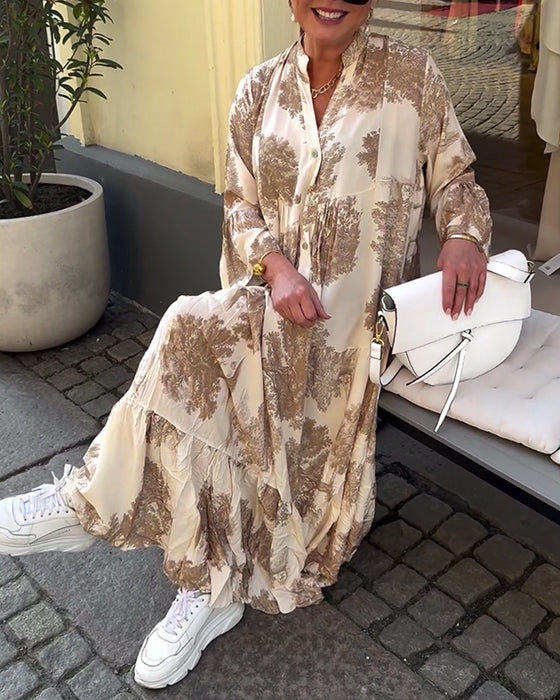 Løs printet kjole med V-hals klokkeerme og patchwork