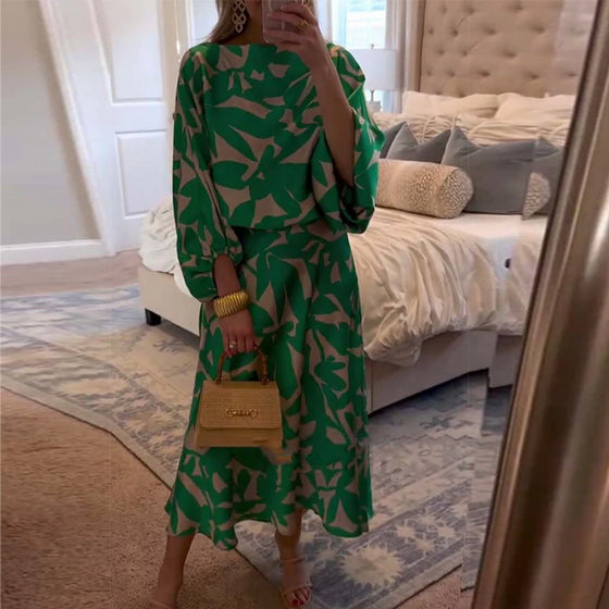 Sett Kjole Avslappet Trykt Lykt Ermer Temperament