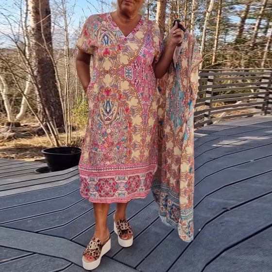 Kjole V-Hals Kortermet Mønstret Rett