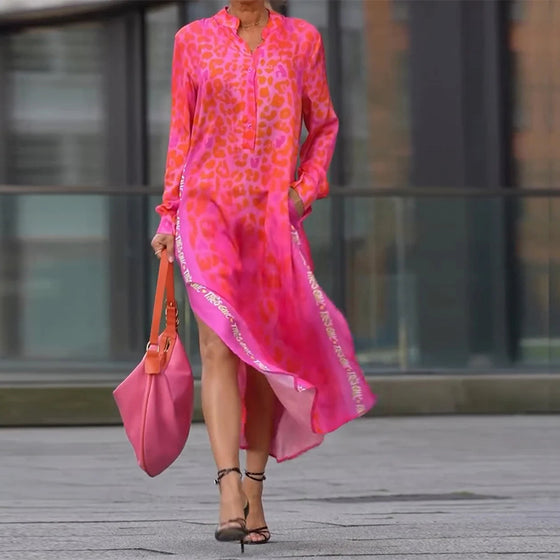 Kjole Langermet Leopardskrift Splitt