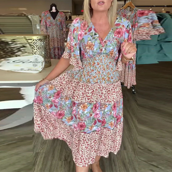 Kjole V-Utringning Lotusserm Blomstret