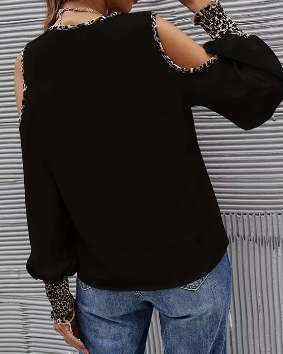 Bluse Off-Skulder Leopard Patchwork Lang Erme