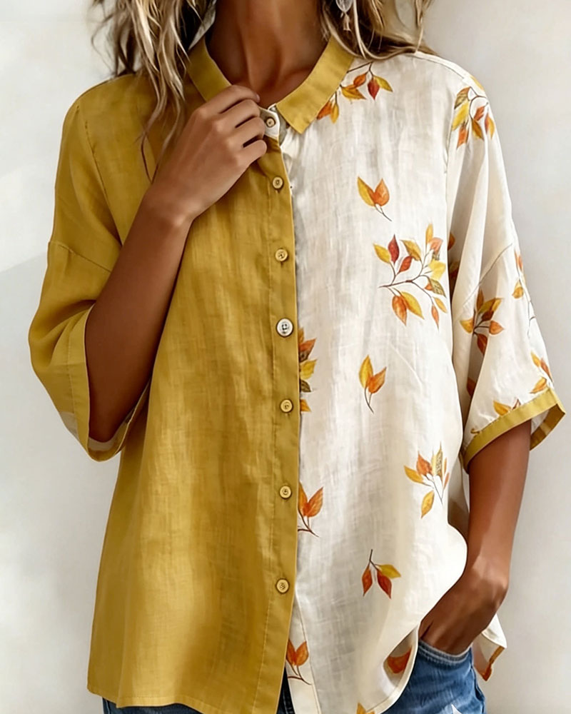 Skjorte Fargeblokk Lønnblad Trykk Lin