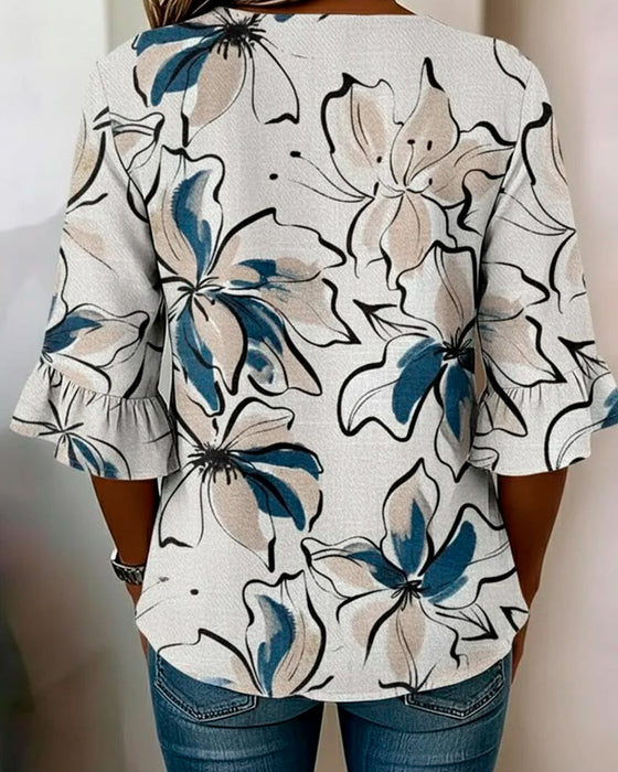 Bluse V-Utringning Blomstret Rysje 3/4-Erm