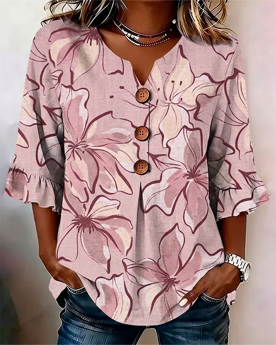 Bluse V-Utringning Blomstret Rysje 3/4-Erm
