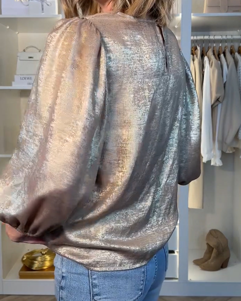 På Moten Bluse Med Puffermer Og Rund Halsring