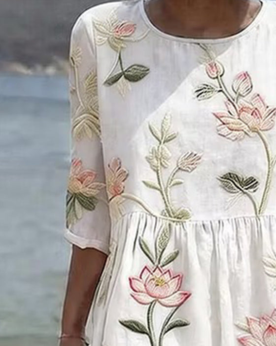 Blomstret Kjole Rundhals