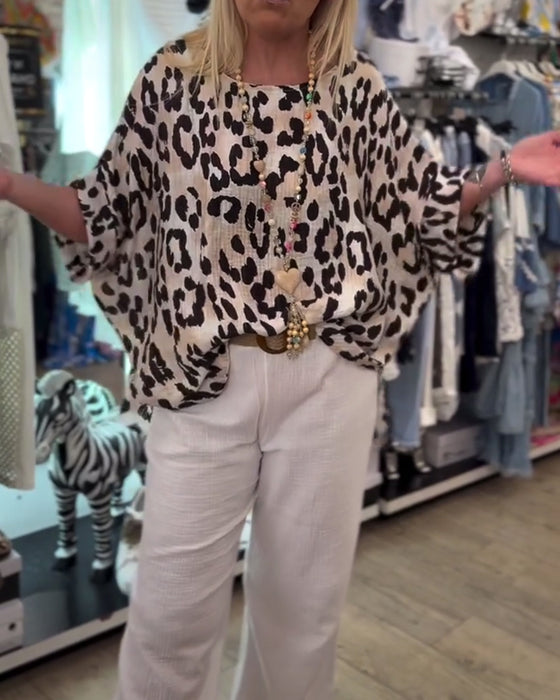 Bluse Med Rund Hals Leopardmønster Løs
