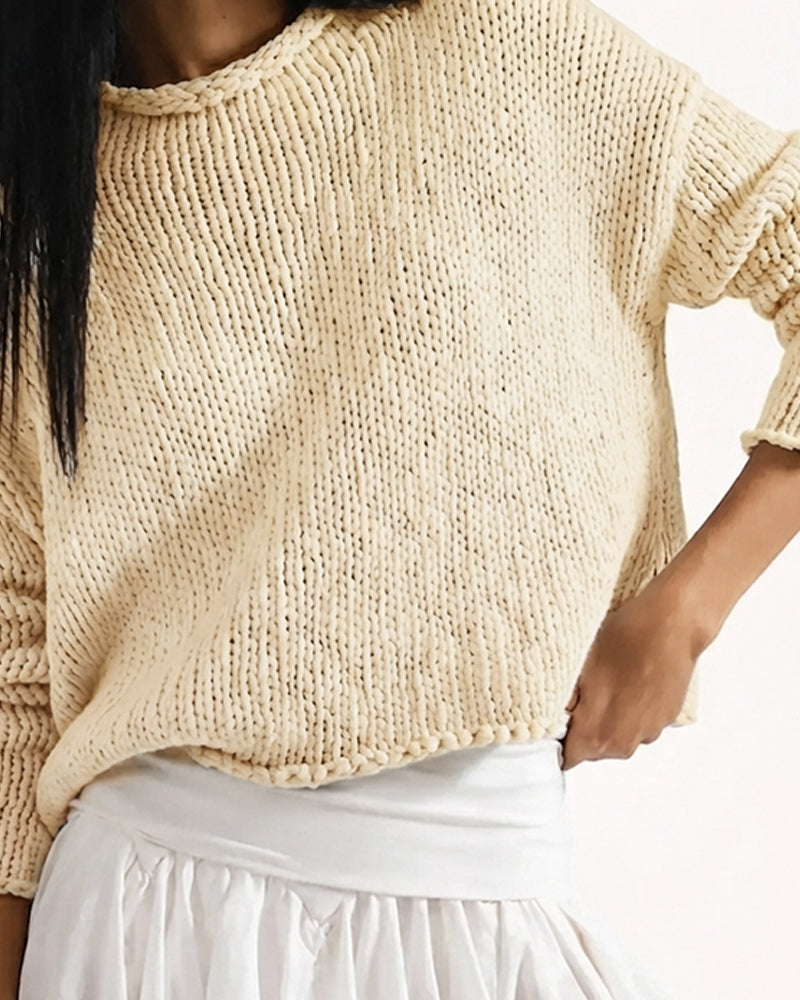 Pullover Rund Hals Kort Lang Erme Ensfarget