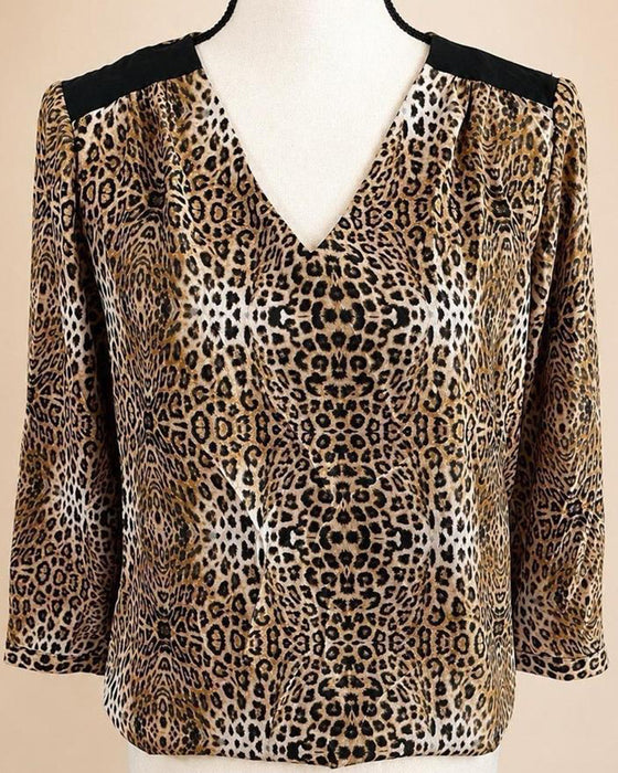 Topp V-hals Leopardtrykk Trekvart Erme