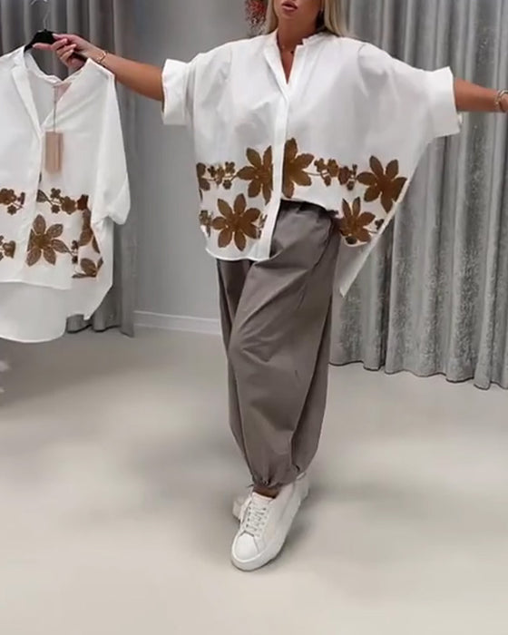 Bluser Blomstret Trykk Mandarin Krage Løs