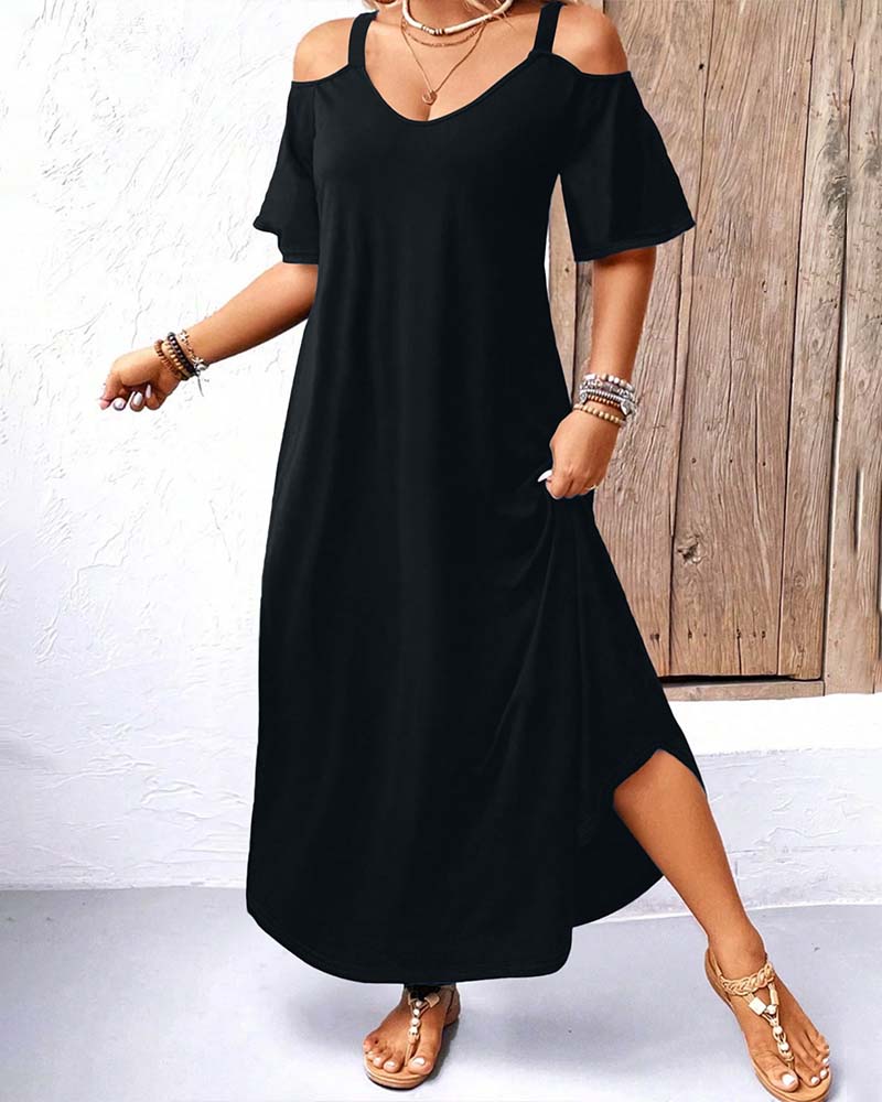 Kjole Ensfarget V-Utringning Off-Shoulder Lang