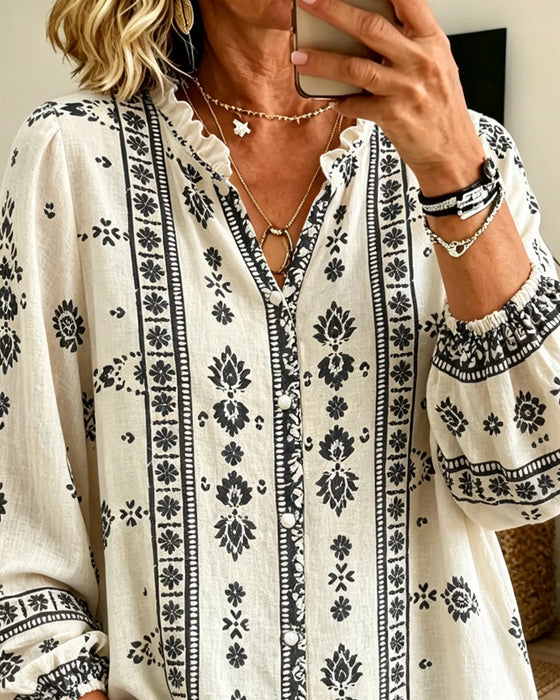 Bluse V-Hals Knipling-Kant Puff-Erme Trykk