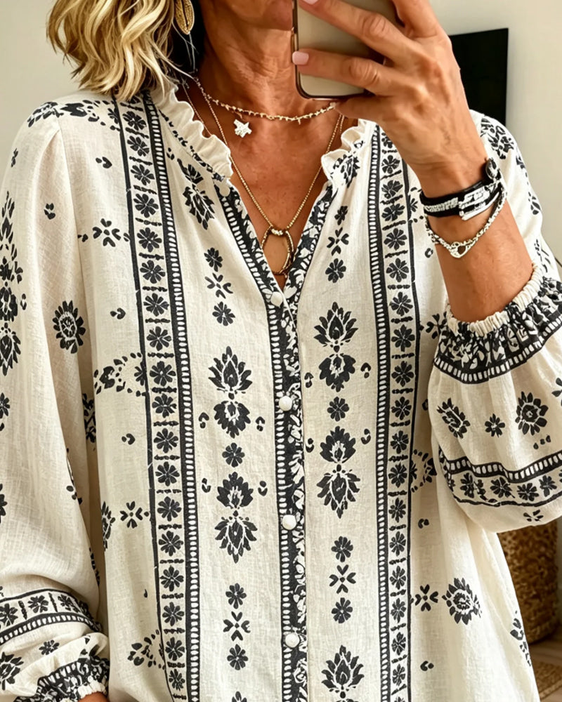 Bluse V-Hals Knipling-Kant Puff-Erme Trykk