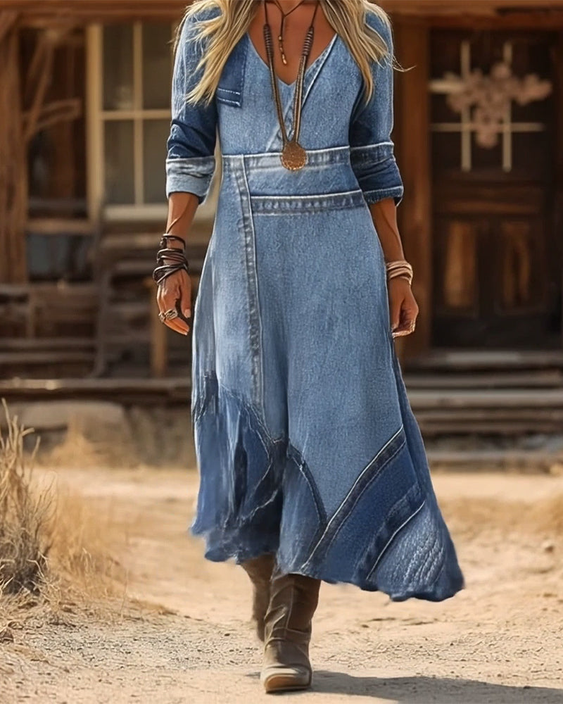 Kjole retro med v-hals og lange ermer, trykk