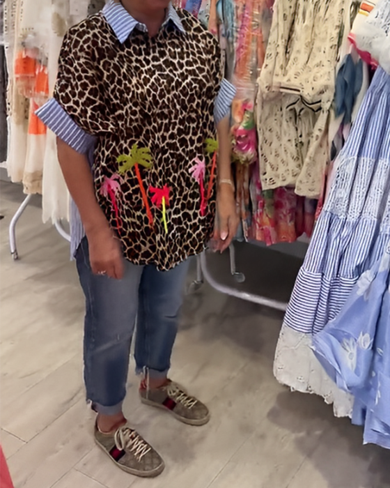 Stripet Revers Leopardmønster Skjorte