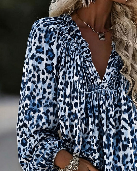 Bluse V-Hals Leopard Trykk Rynket Pufferme