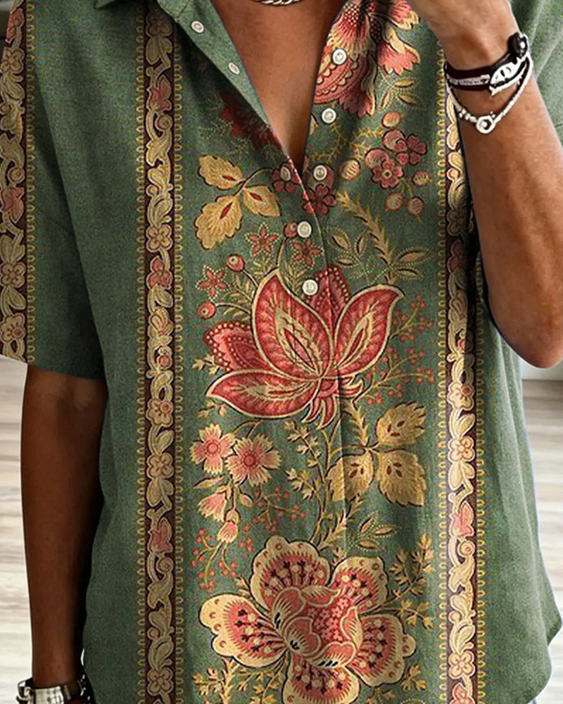 Bluse Retro Blomstermønster Løs