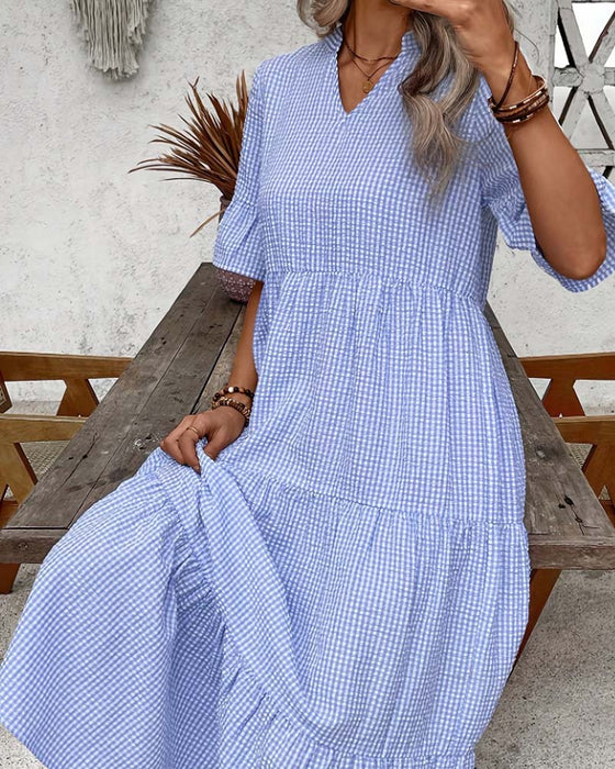 Kjole Blå Hvit Gingham V-Hals