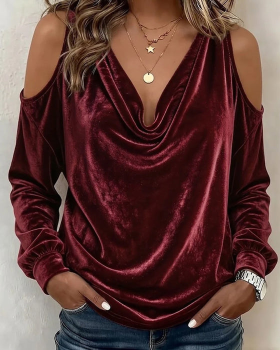Bluse Fløyel Bardot Cowl Hals Lang Erme