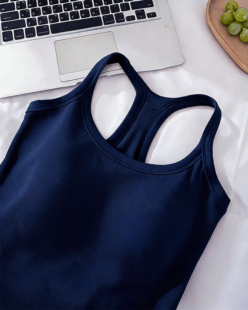 Tanktopp Innebygd Bh Ribbet Ensfarget