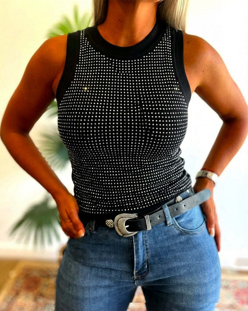 Tanktopp Ensfarget Ribbet Strass Tettsittende