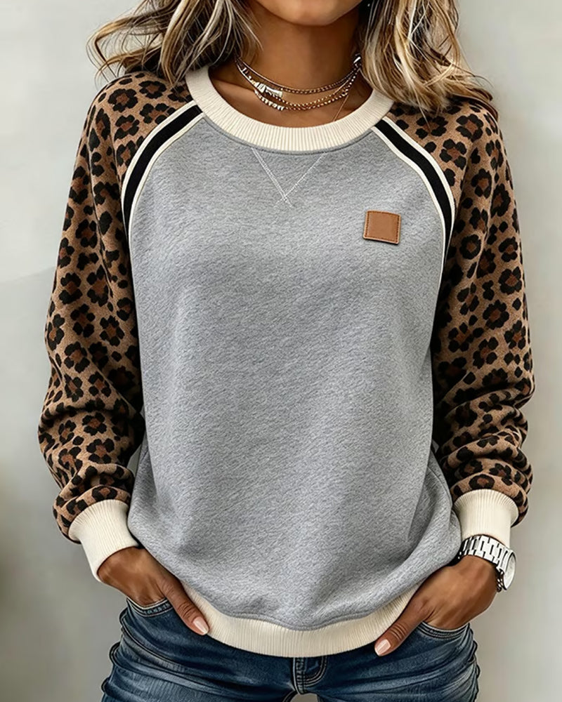 Sweatshirt Leopard Fargeblokk Rundhalset