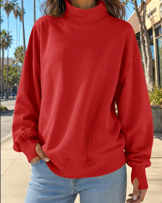 Sweatshirt Høy Hals Droppet Skulder Ensfarget