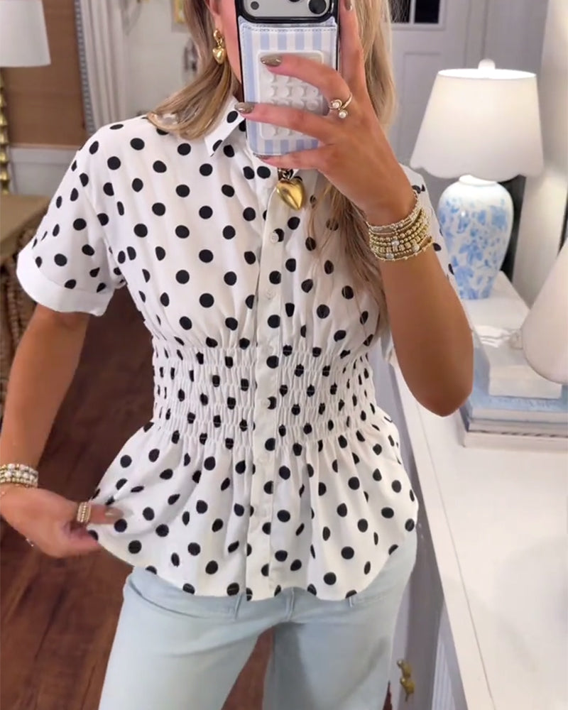 Bluse Hakkekrage Prikket Snørt Liv