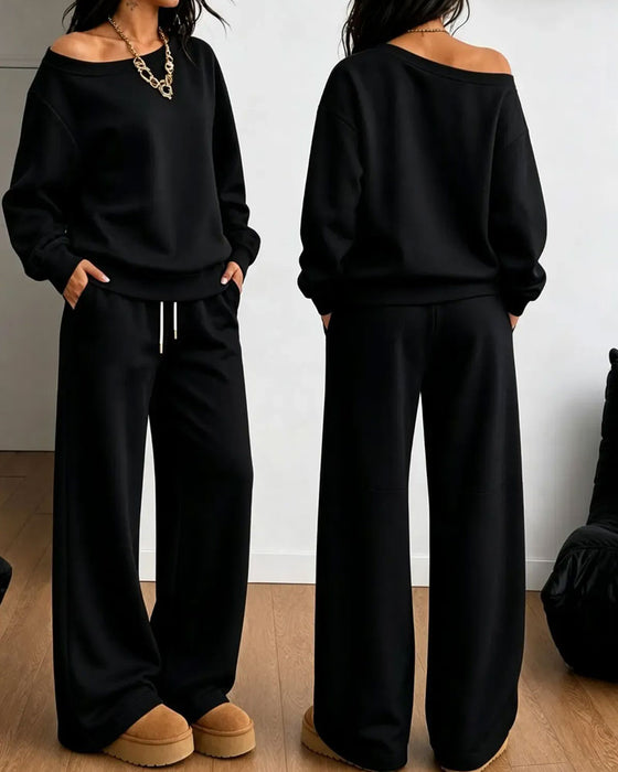 Sett En Skulder Casual Sweatshirt Lange Bukser