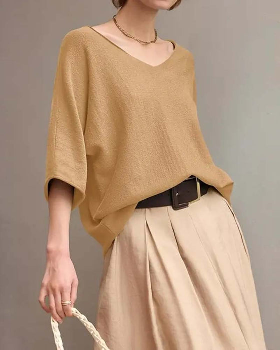 T-Shirt V-Hals Flaggermus Erme Solid