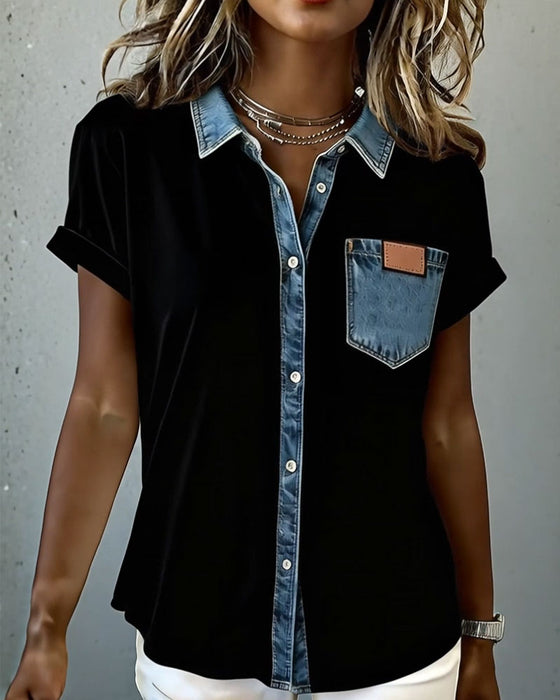 T-Skjorte Denim Patchwork Nedbrettet Krage