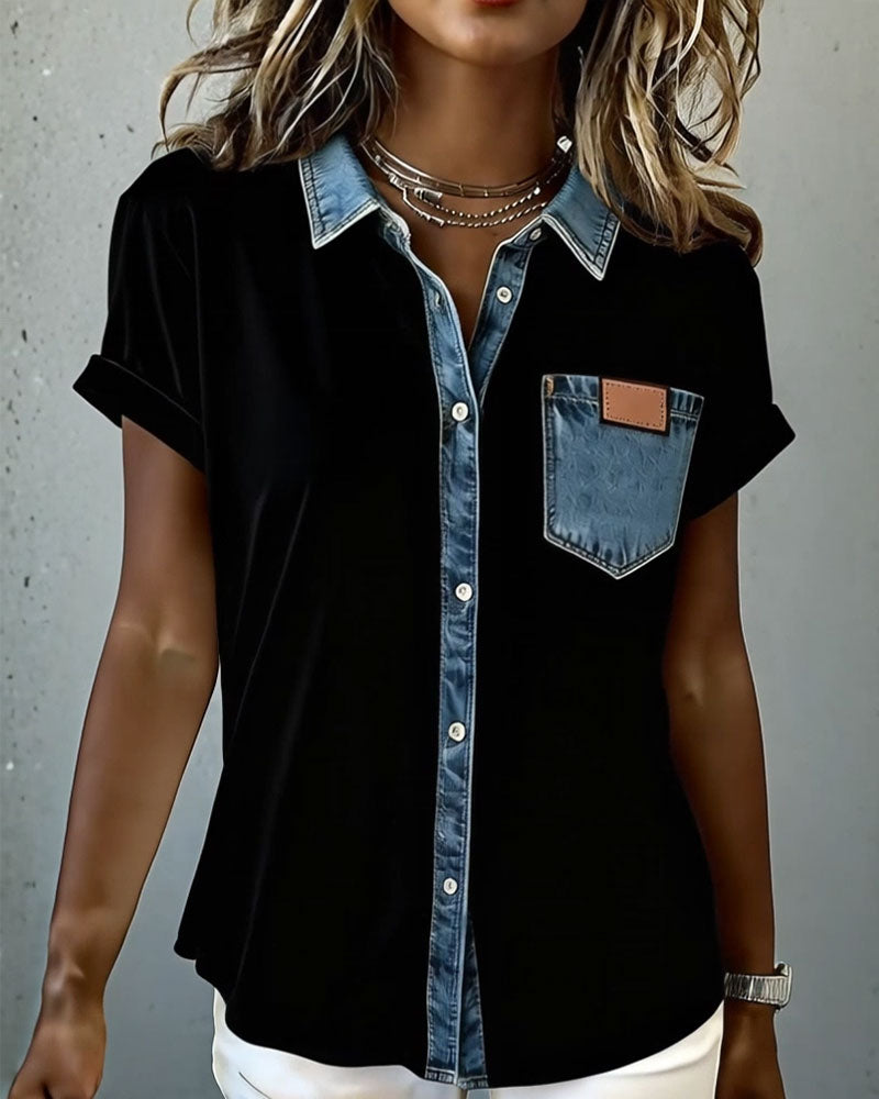 T-Skjorte Denim Patchwork Nedbrettet Krage