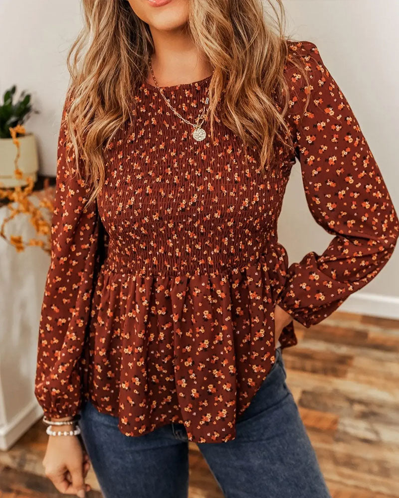 Bluse Blomstret Rynket Lang Erme