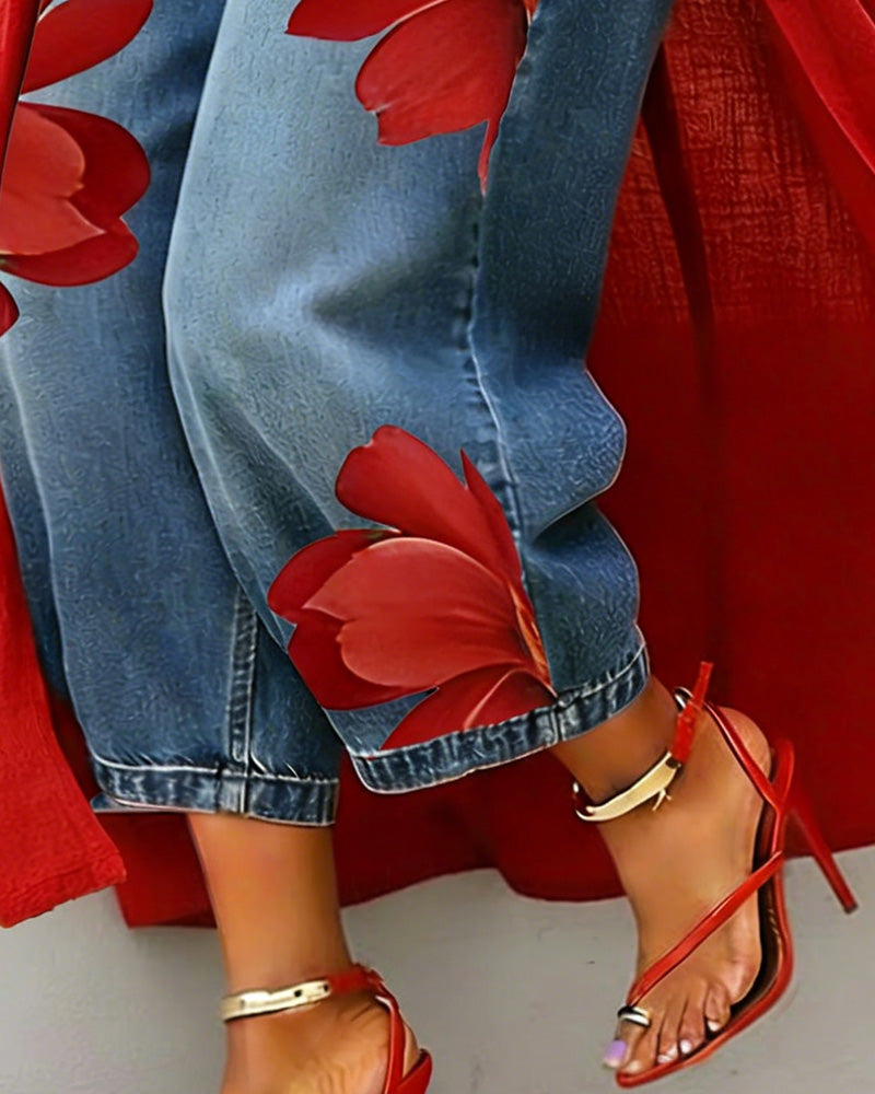 Blomstertrykte Jeans Korte Bredbeinte