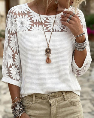 T-Skjorte Rund Hals Blonde Vaffel Patchwork