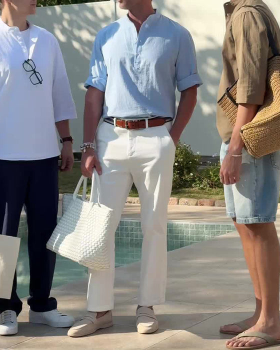 Topper Herre Lin Bomull 3/4-Erm Henley-Skjorte, Casual Lett Sommer